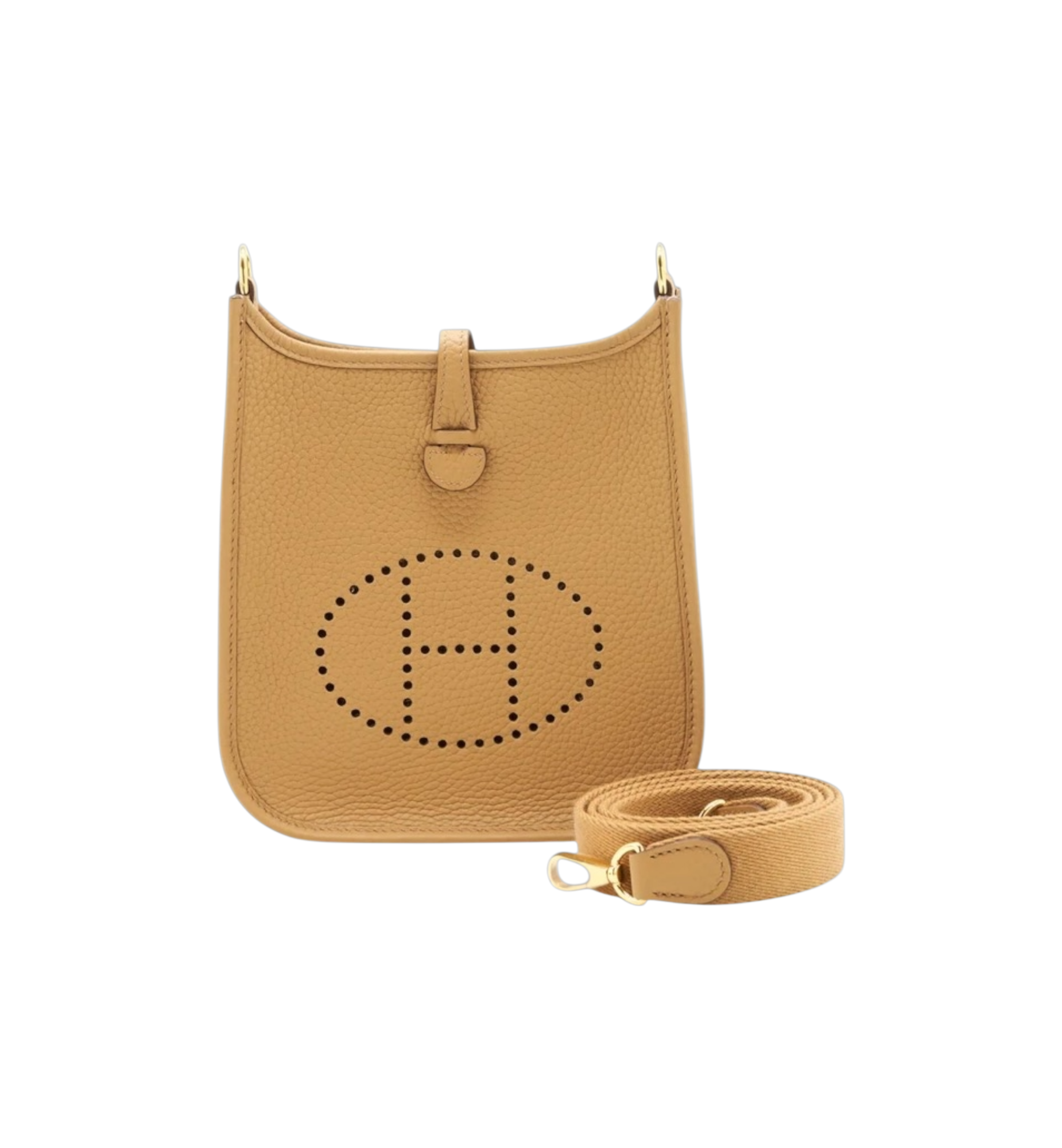 Hermes Evelyne 16 Gold Hardware Bag "Clemence Biscuit/Camel"