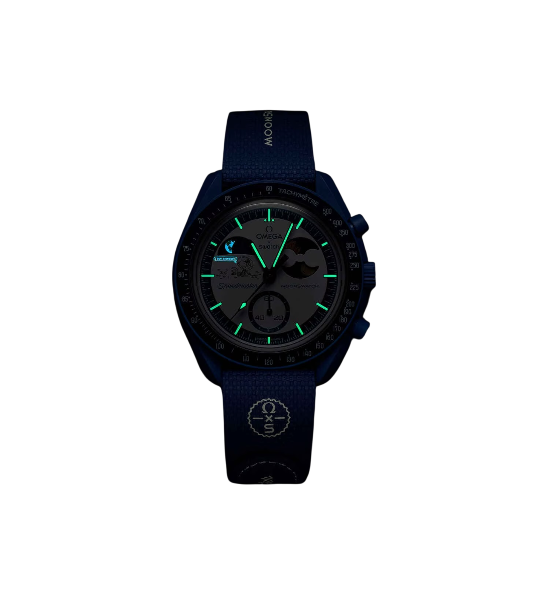 Swatch x Omega Bioceramic Moonswatch Mission To Earthphase Snoopy Gold Beaver Moon glow in the dark view at Stashed UAE
