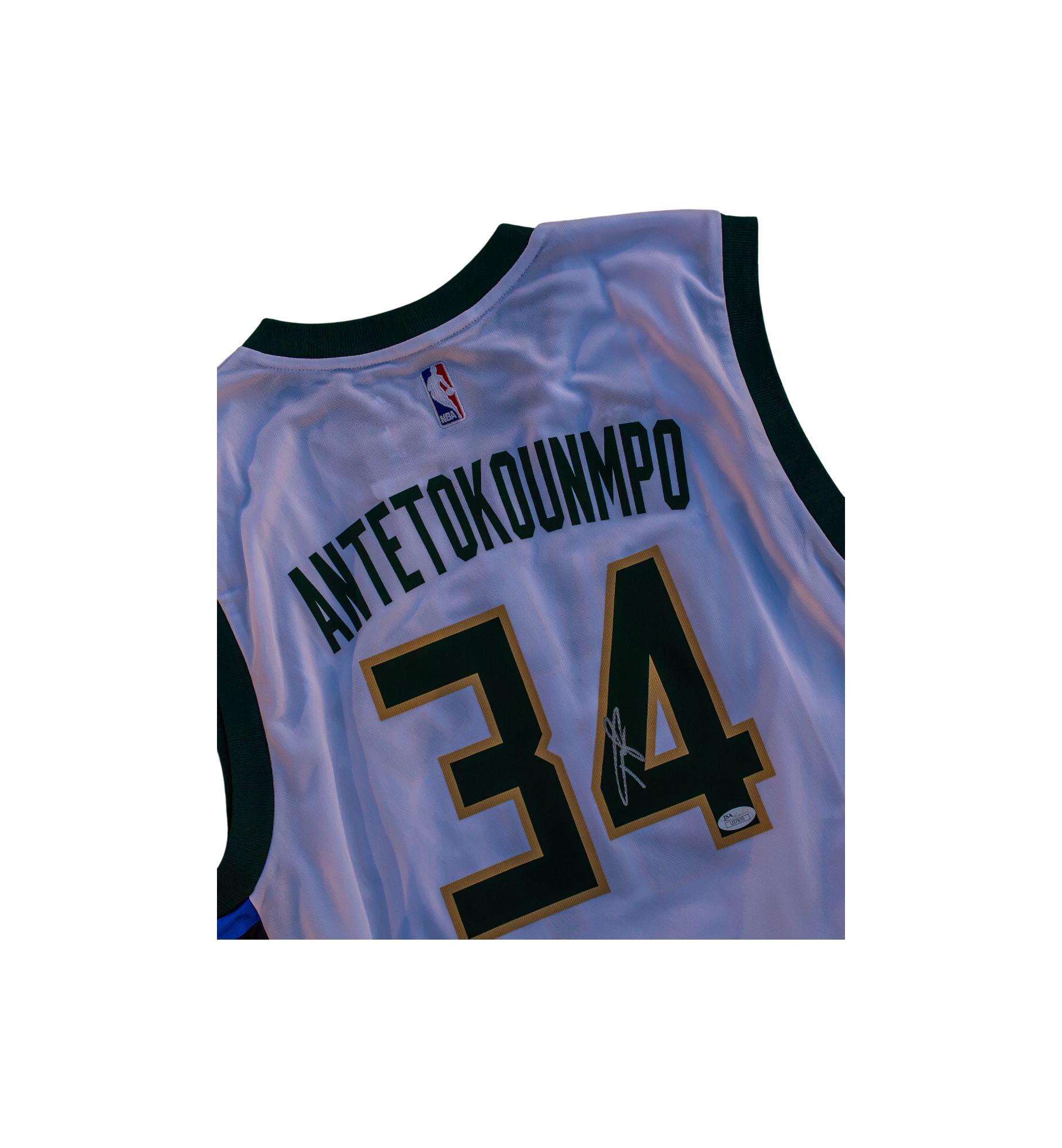 Adidas Giannis Antetokounmpo Milwaukee Bucks #34 Autographed Jersey close-up detail at Stashed UAE