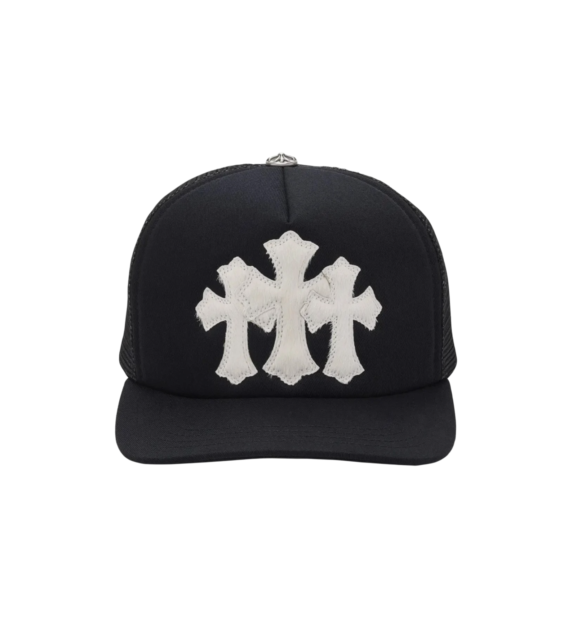 Chrome Hearts White Calf Hair Cross Cemetery Trucker Hat "Black"