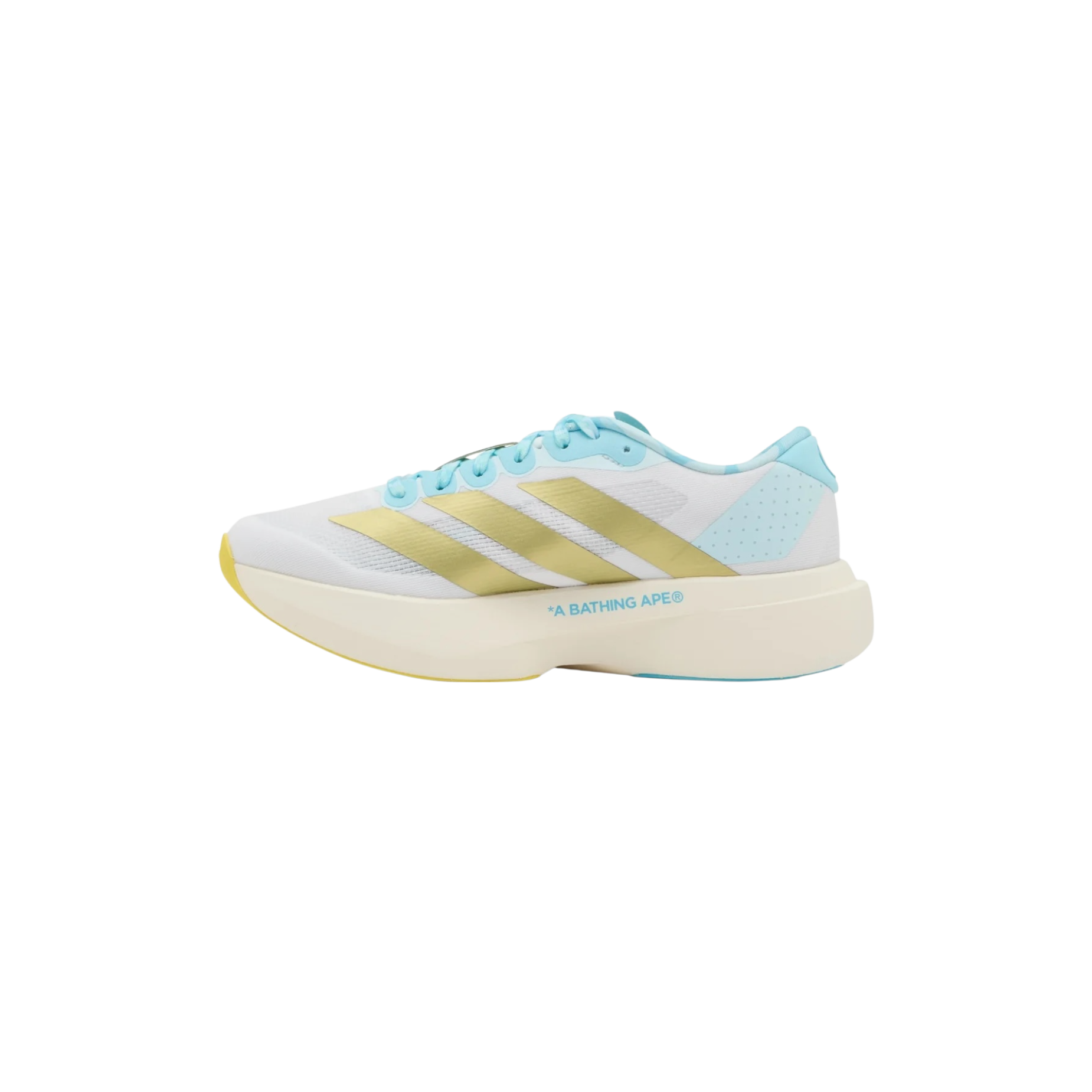 Adidas Adizero Evo SL Bape Blue Pink Gold side view at Stashed UAE