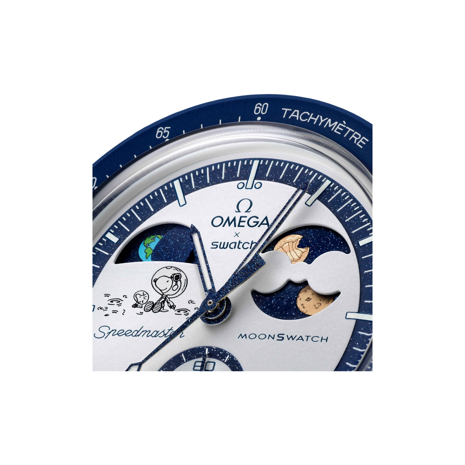 Swatch x Omega Bioceramic Moonswatch Mission To Earthphase Snoopy Gold Beaver Moon close-up detail at Stashed UAE