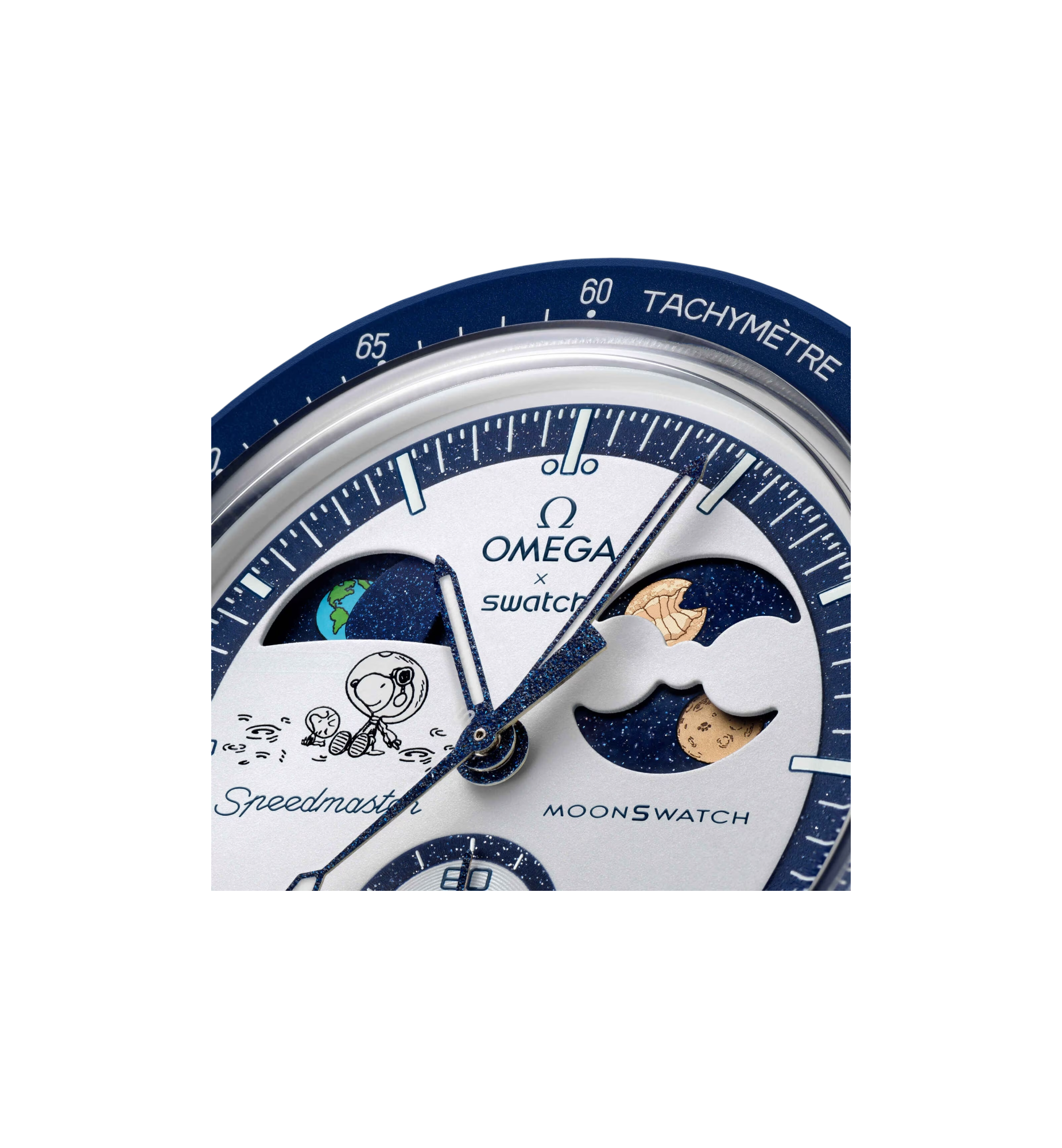 Swatch x Omega Bioceramic Moonswatch Mission To Earthphase Snoopy Gold Beaver Moon close-up detail at Stashed UAE
