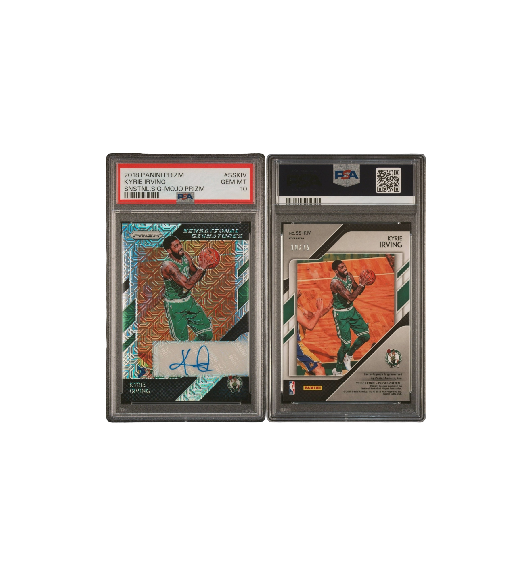 2018 Panini Prizm Sensational Signatures - Mojo Prizm 10/25 GEM MT 10 Kyrie Irving close-up detail at Stashed UAE
