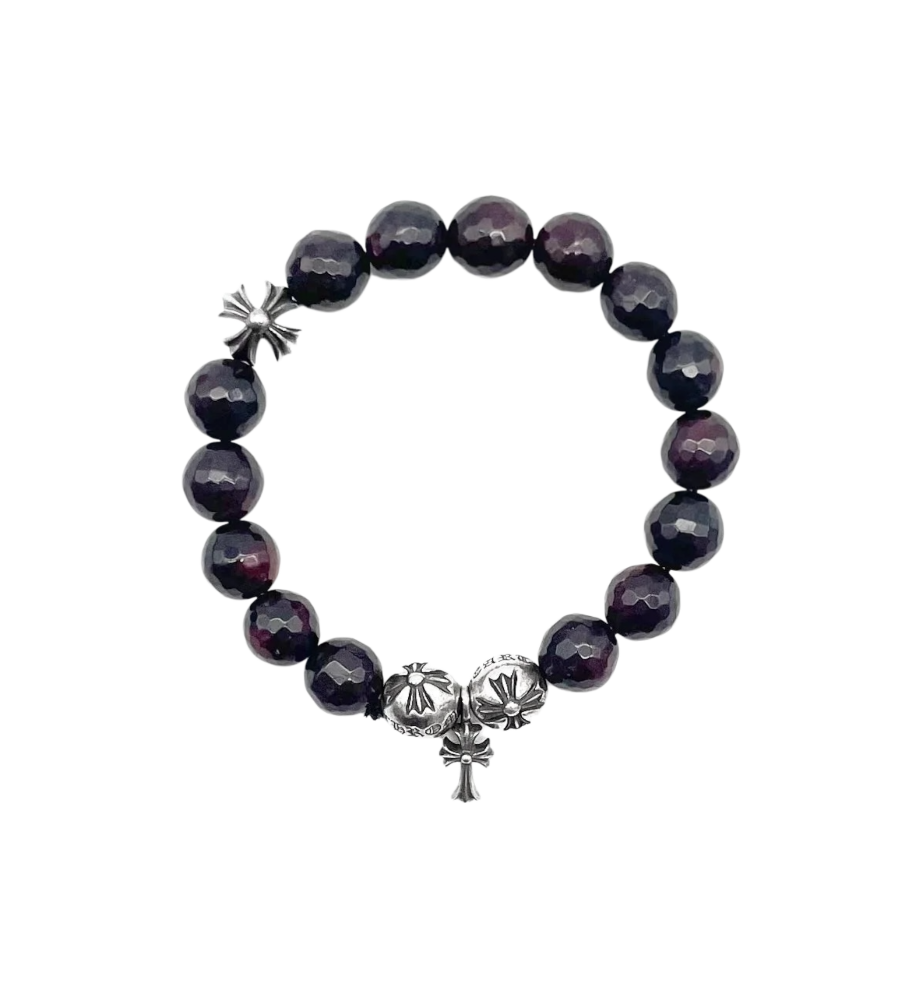 Chrome Hearts 10MM Cross Drop Beaded Bracelet "Garnet/Silver"