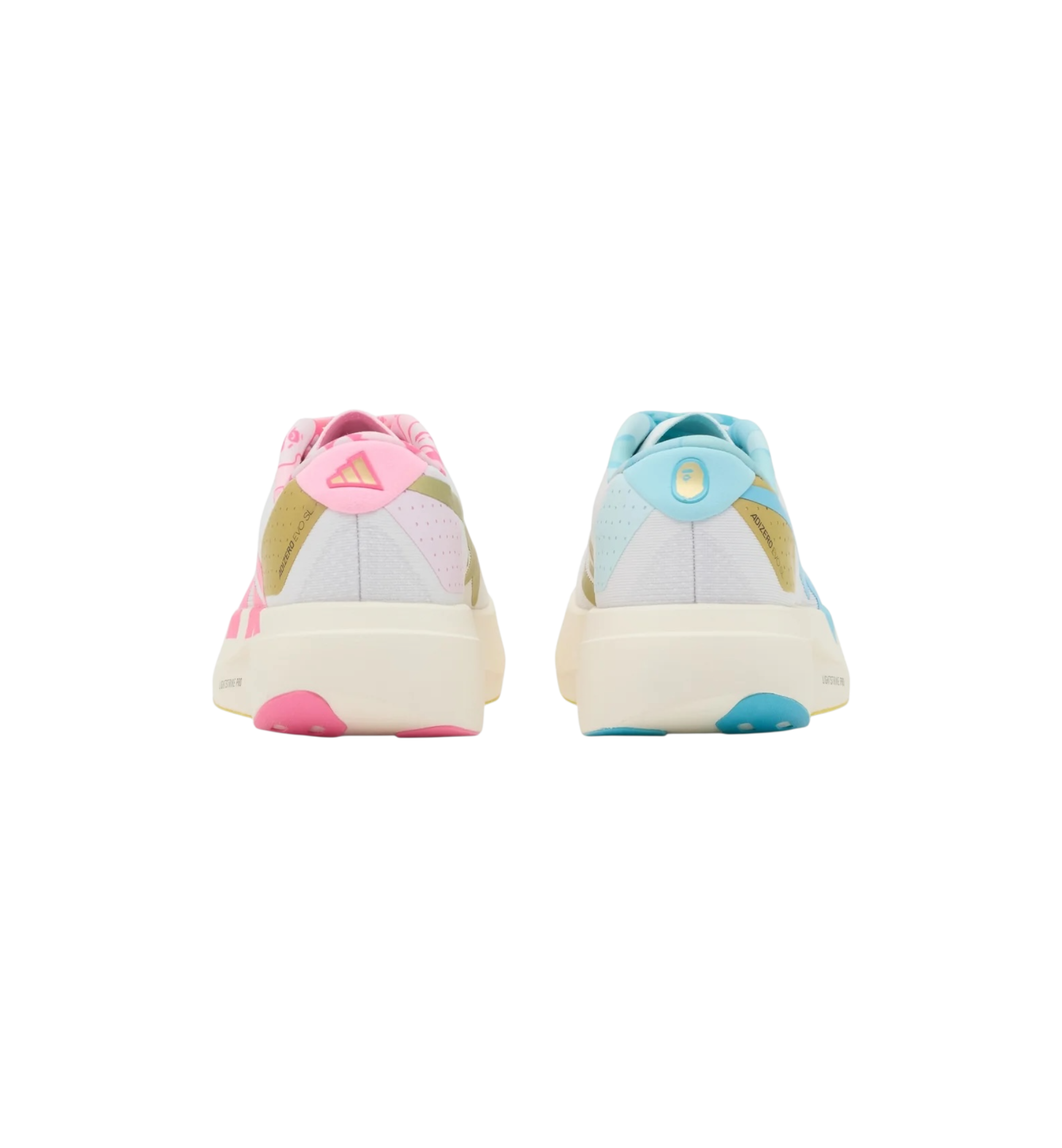 Adidas Adizero Evo SL Bape Blue Pink Gold heel view at Stashed UAE