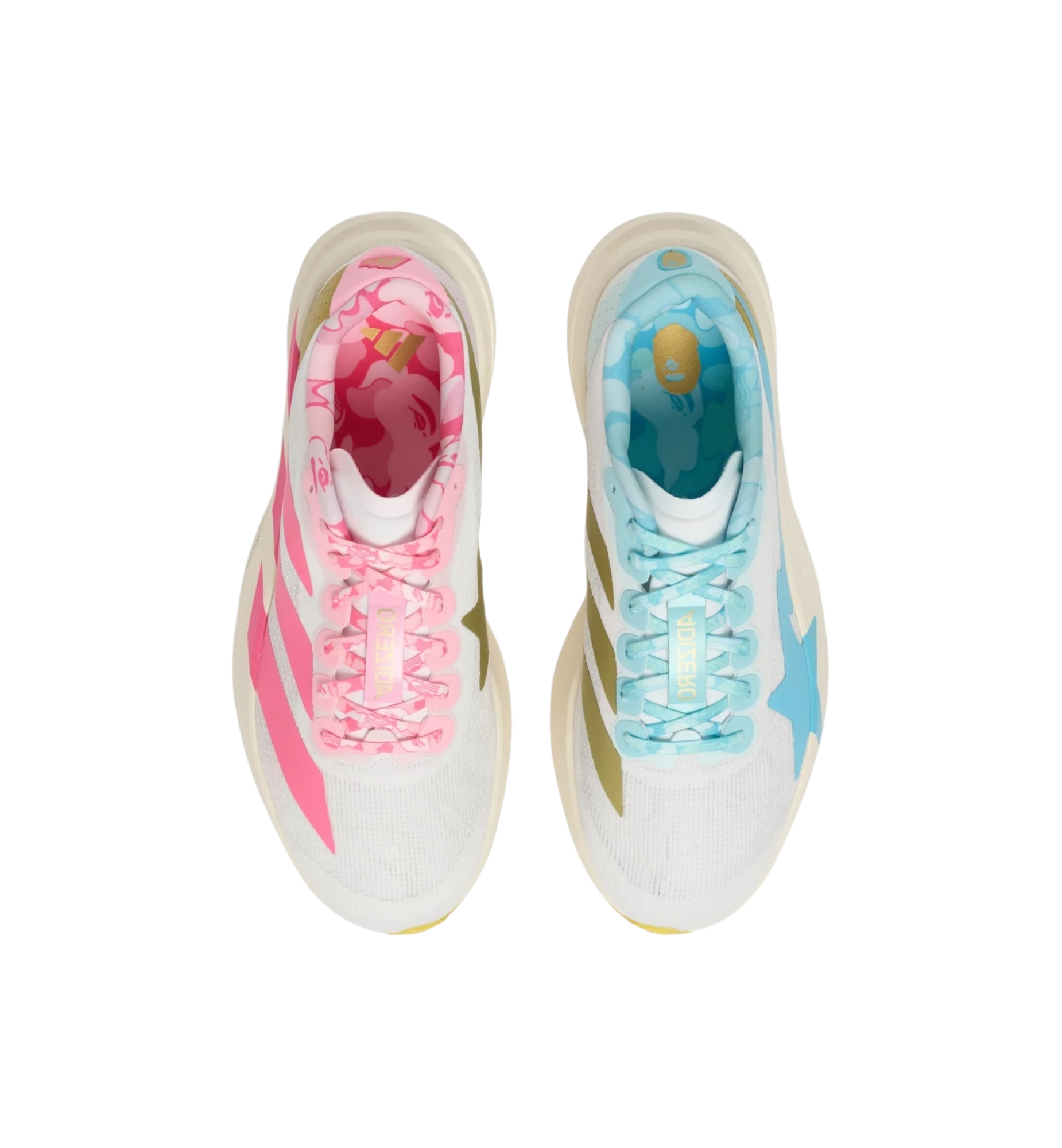 Adidas Adizero Evo SL Bape Blue Pink Gold top view at Stashed UAE