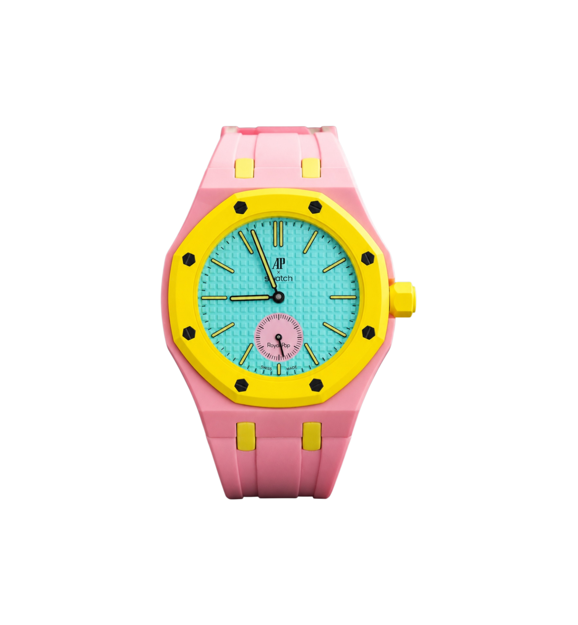 Swatch x Audemars Piguet Bioceramic Royal Pop Watch & Rubber Bracelet Bundle Otg Roz/Pink/Yellow at Stashed UAE