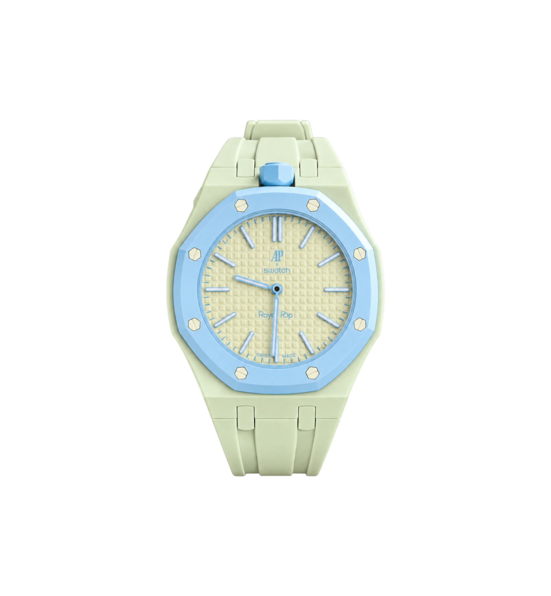 Swatch x Audemars Piguet Bioceramic Royal Pop Watch & Rubber Bracelet Bundle Blaue Acht/Mint Green at Stashed UAE