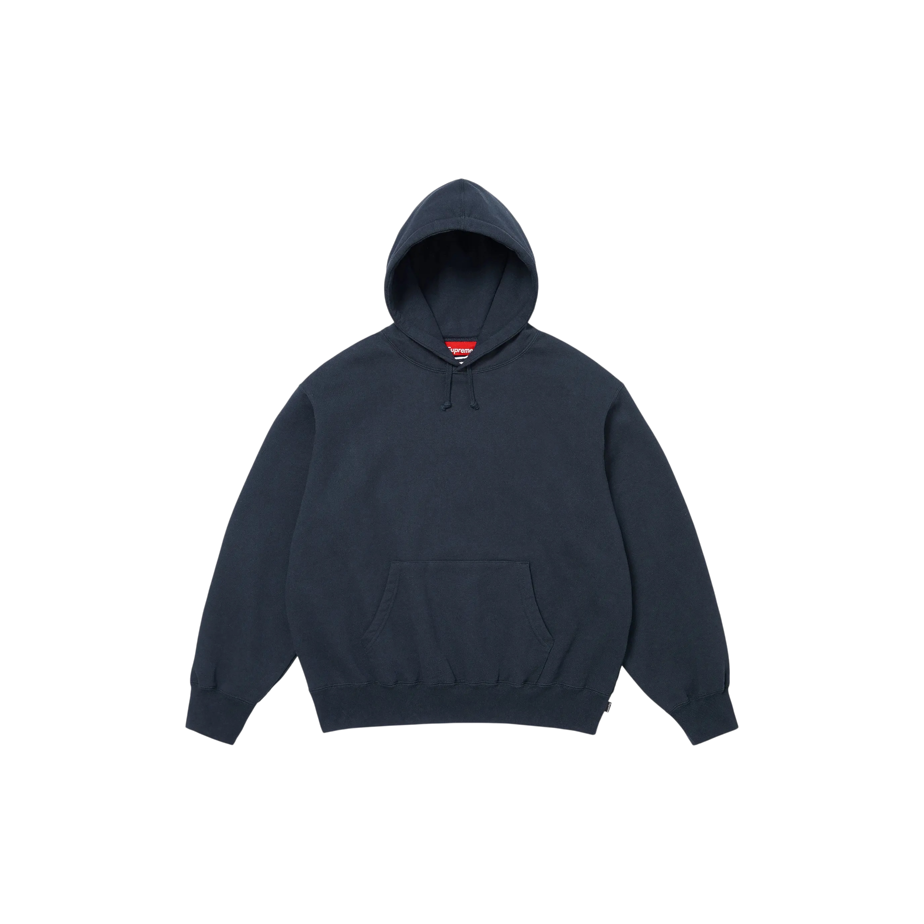 Supreme Satin Applique Hooded Sweatshirt SS26 Washed Navy front view at Stashed UAE