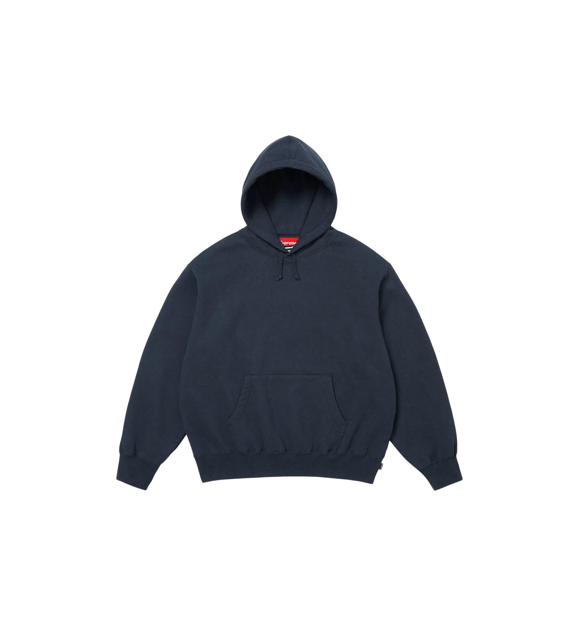 Supreme Satin Applique Hooded Sweatshirt SS26 Washed Navy front view at Stashed UAE