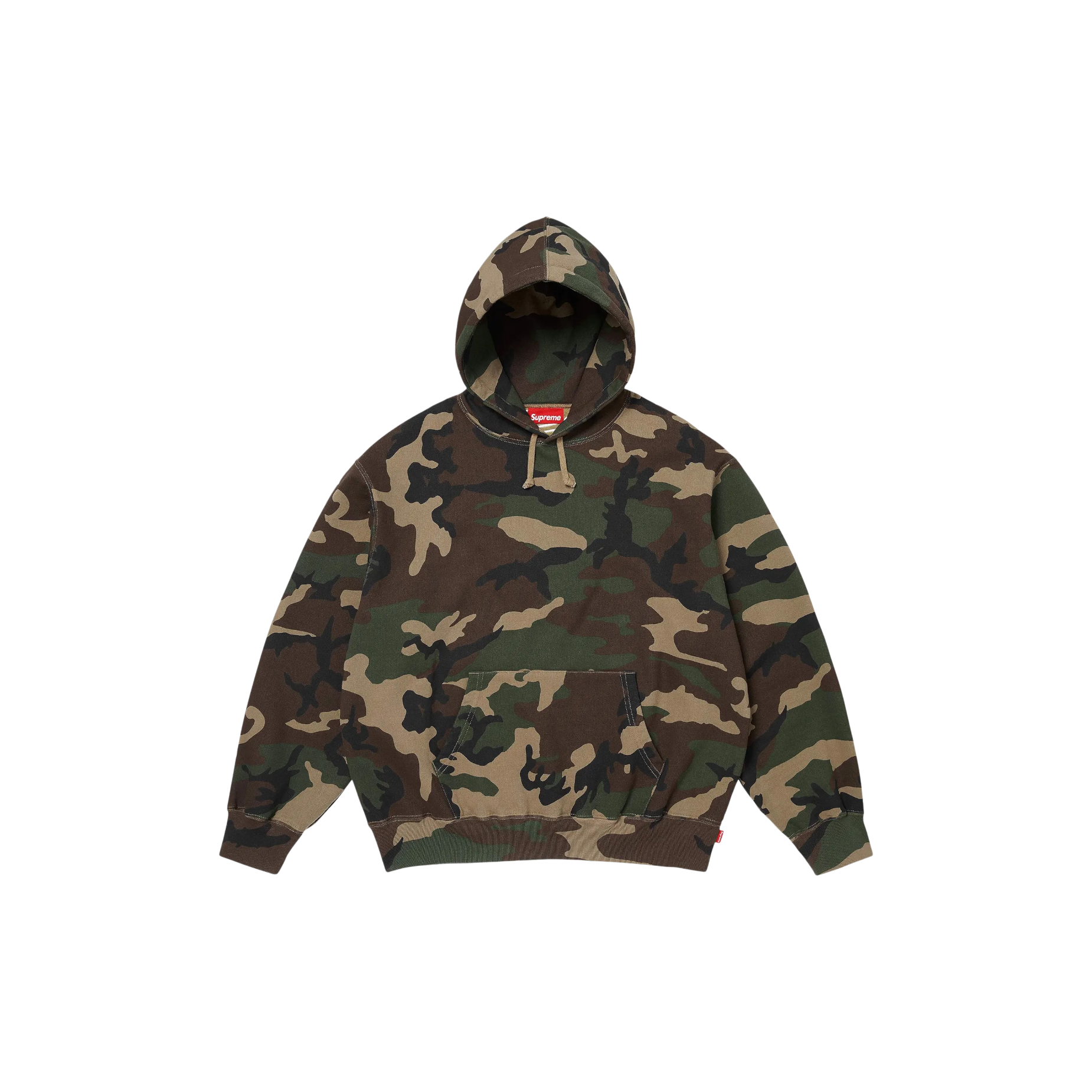 Supreme Satin Applique Hooded Sweatshirt SS26 Woodland Camo front view at Stashed UAE