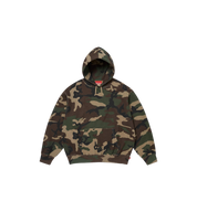 Supreme Satin Applique Hooded Sweatshirt SS26 Woodland Camo front view at Stashed UAE