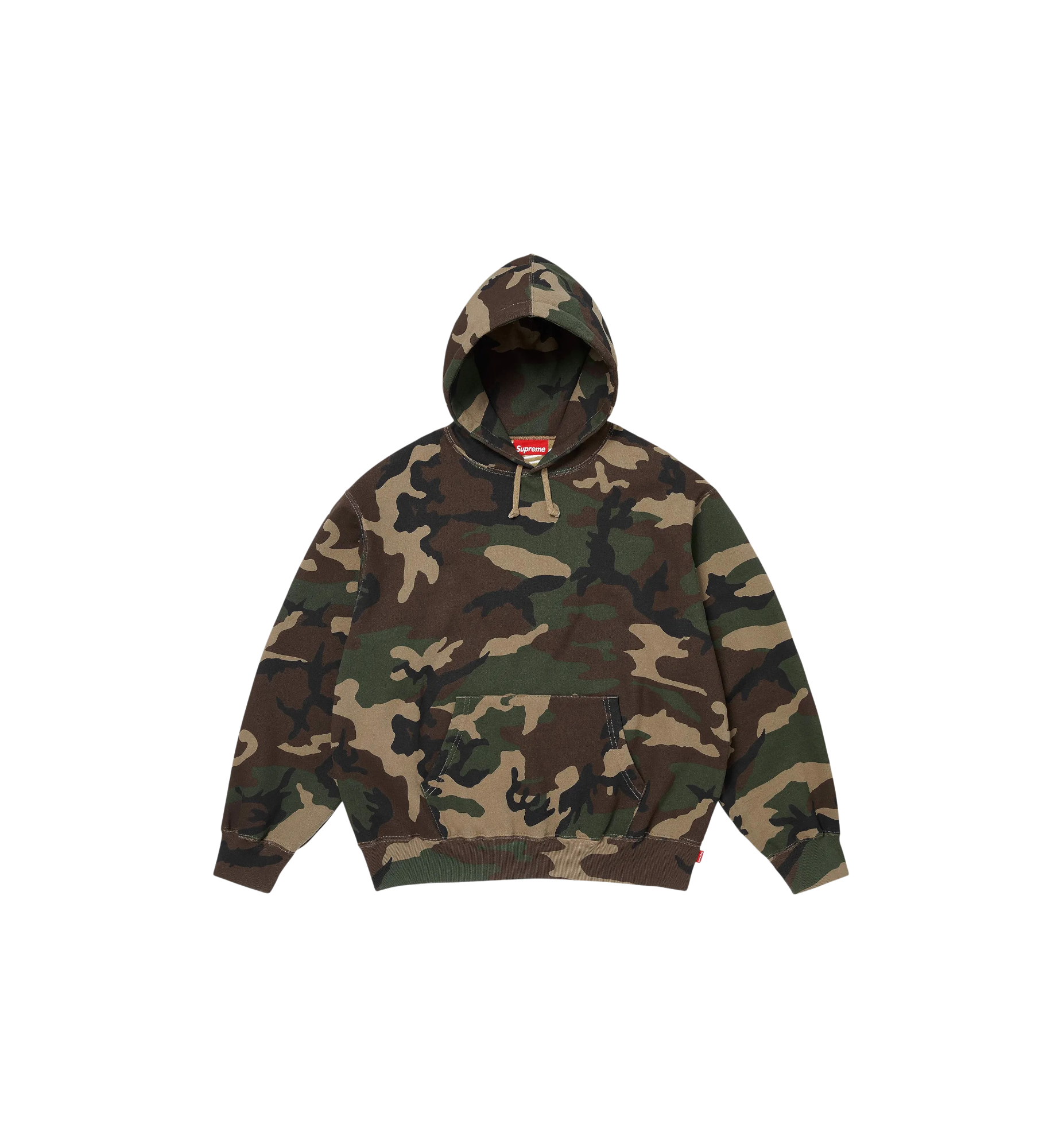 Supreme Satin Applique Hooded Sweatshirt SS26 Woodland Camo front view at Stashed UAE