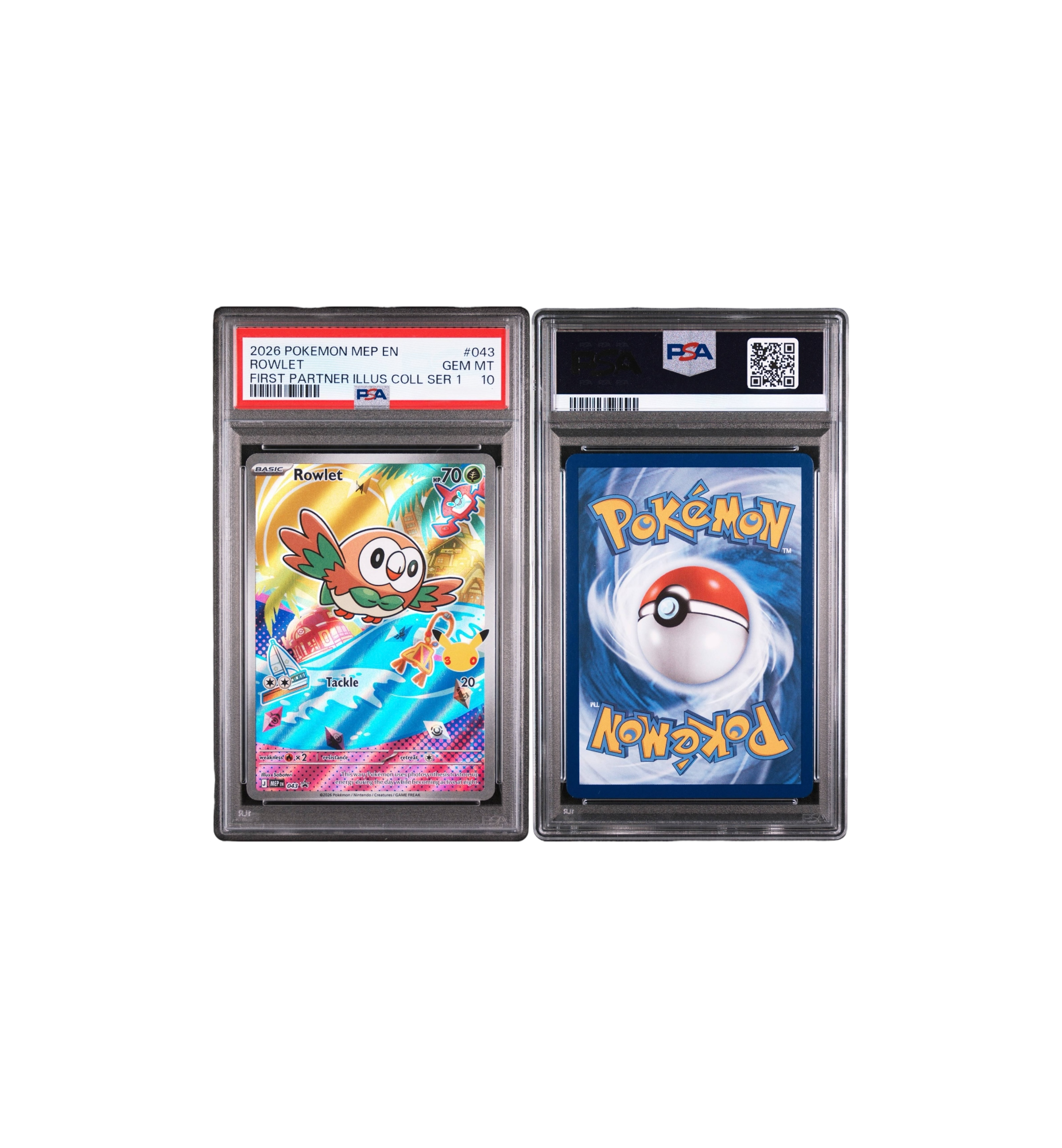 2026 Pokemon Mega Evolution Promo First Partner Illustration Collection Series 1 GEM MT 10 Rowlet close-up detail at Stashed UAE