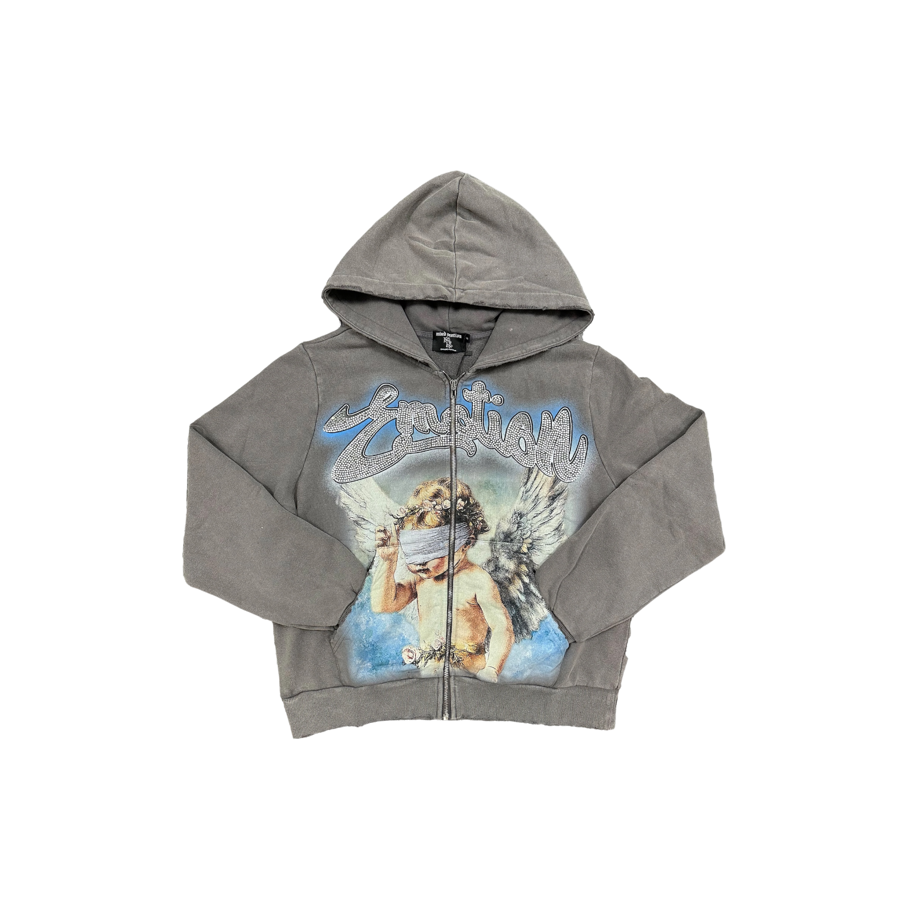 Mixed Emotion Rhinestone Hoodie Grey at Stashed UAE