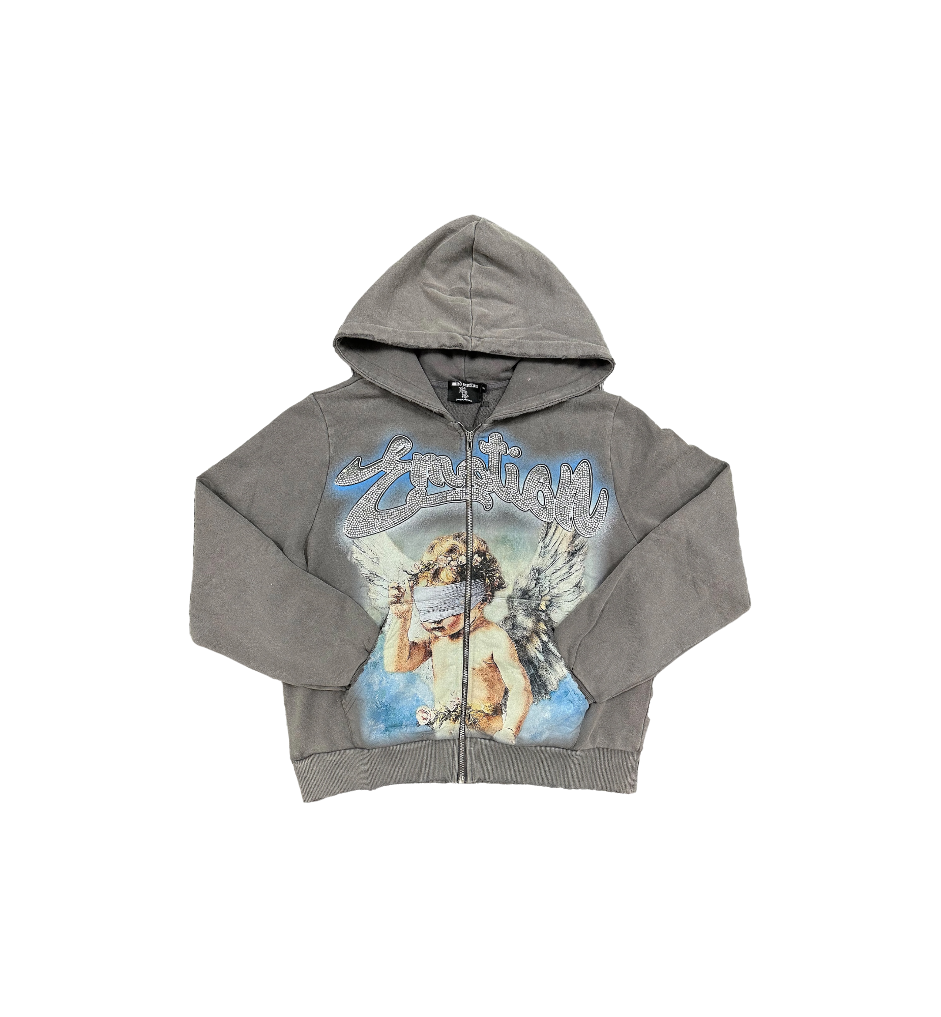 Mixed Emotion Rhinestone Hoodie Grey at Stashed UAE