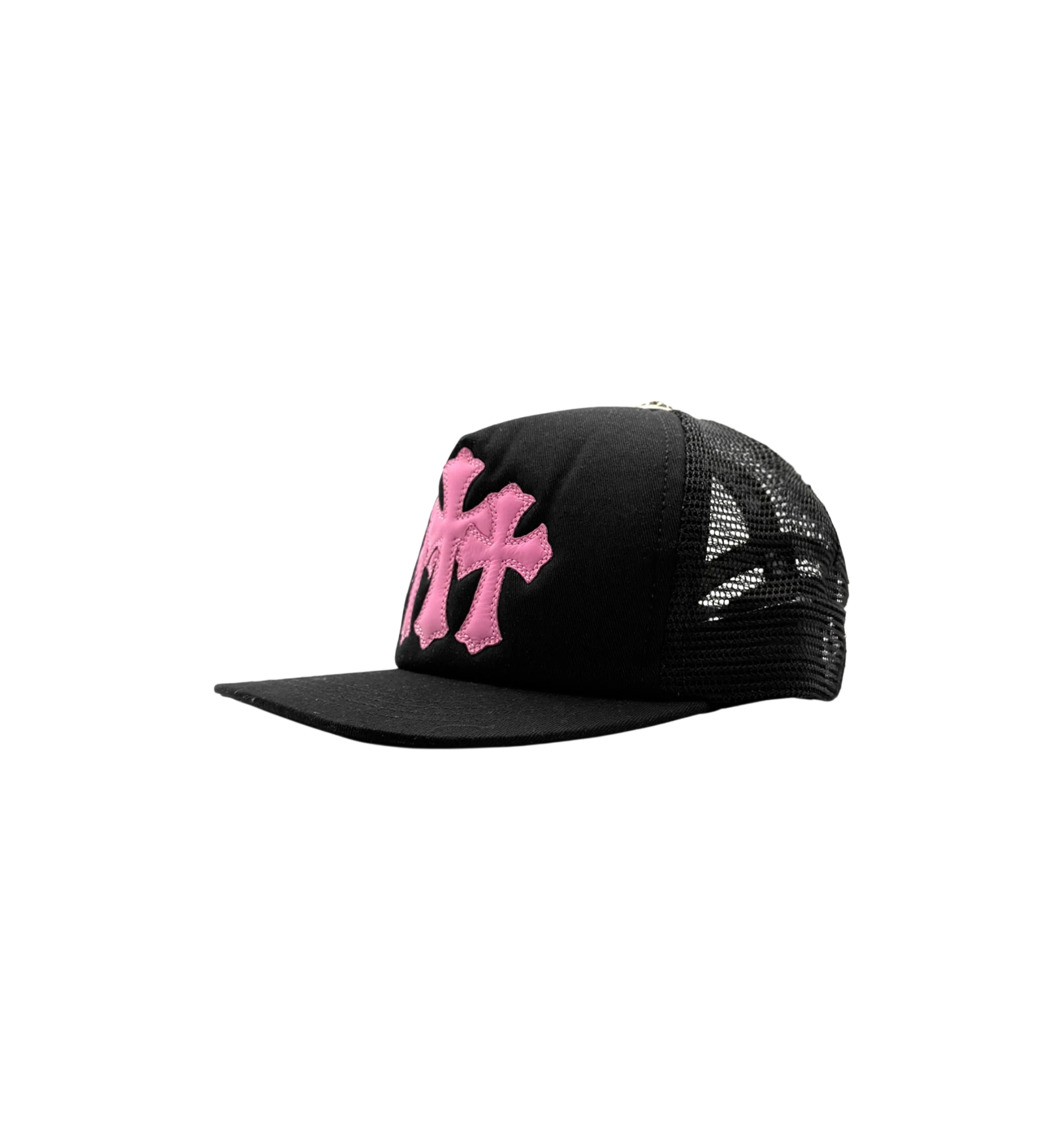 Chrome Hearts Pink Triple Cross Patch Trucker Cap Black side view at Stashed UAE