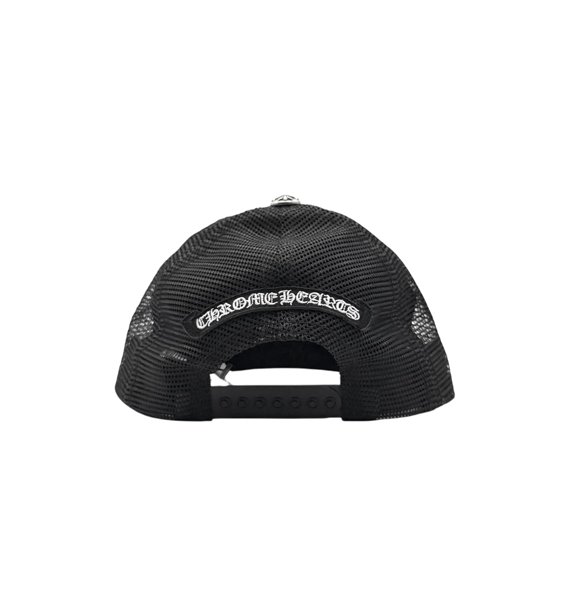 Chrome Hearts Pink Triple Cross Patch Trucker Cap Black back view at Stashed UAE