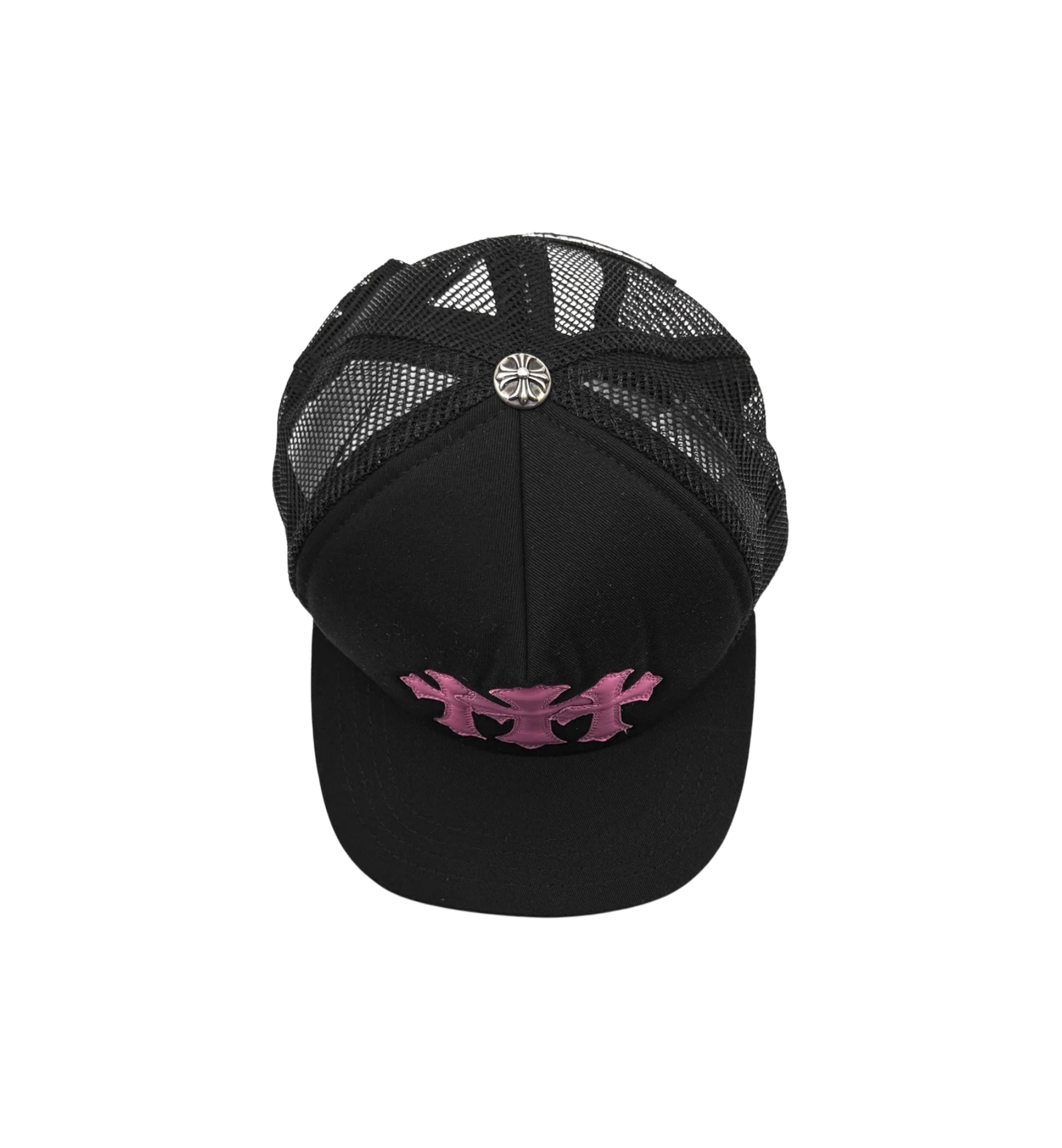 Chrome Hearts Pink Triple Cross Patch Trucker Cap Black top view at Stashed UAE