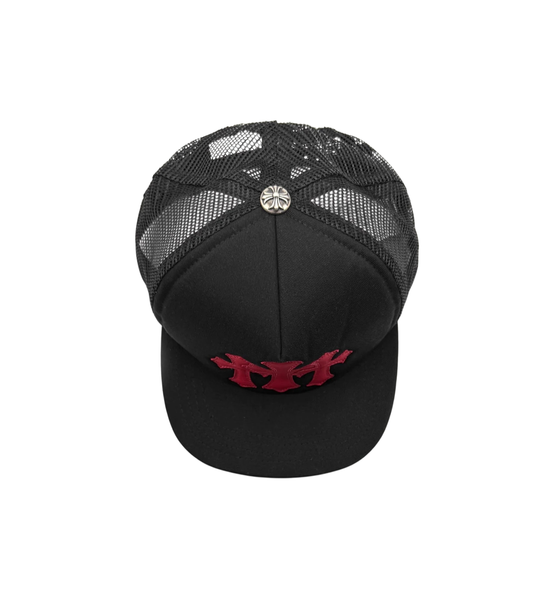 Chrome Hearts Cemetery Trucker Hat Black/Red top view at Stashed UAE