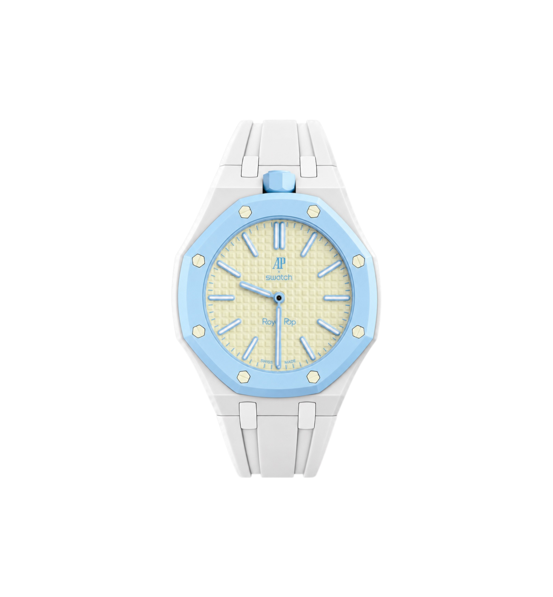Swatch x Audemars Piguet Bioceramic Royal Pop Watch & Rubber Bracelet Bundle Blaue Acht/White at Stashed UAE